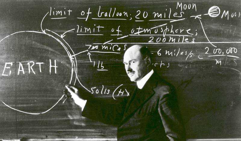 Robert Goddard at a blackboard at Clark University in Worcester, Massachusetts, in 1924 (NASA)